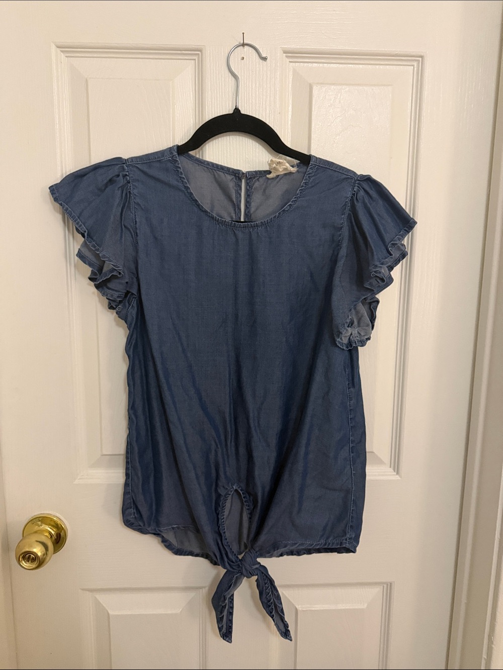Tie-Front Ruffle Sleeve Chambray Top - Blue